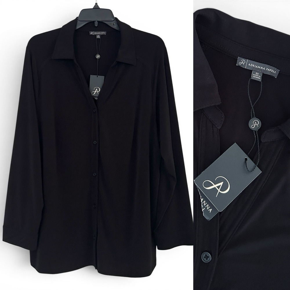 Adrianna Papell Women's Size 2X Black V-Neck Long Sleeve Button-Up Shirt Top NWT